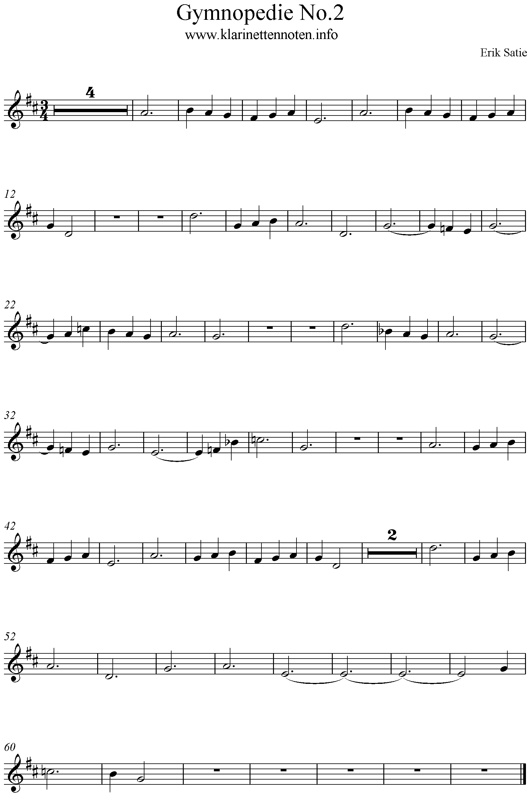Noten Clarinet, Klarinette, Gymnopedie No 2 Erik Satie